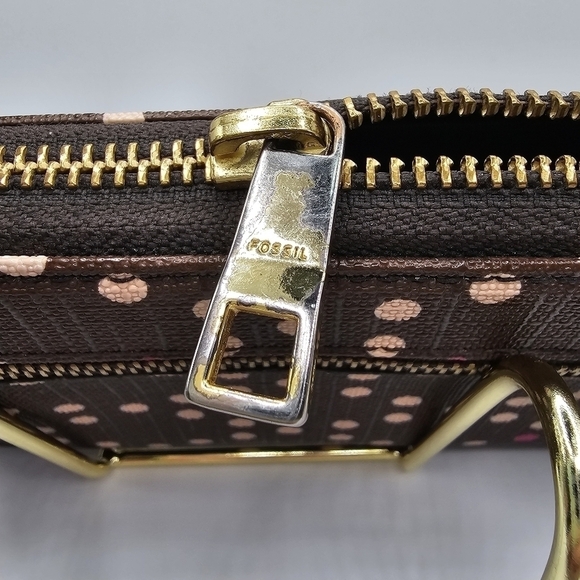 Fossil Brown Polka-dot Zipper Wallet man made outside with leather trim - Picture 7 of 8